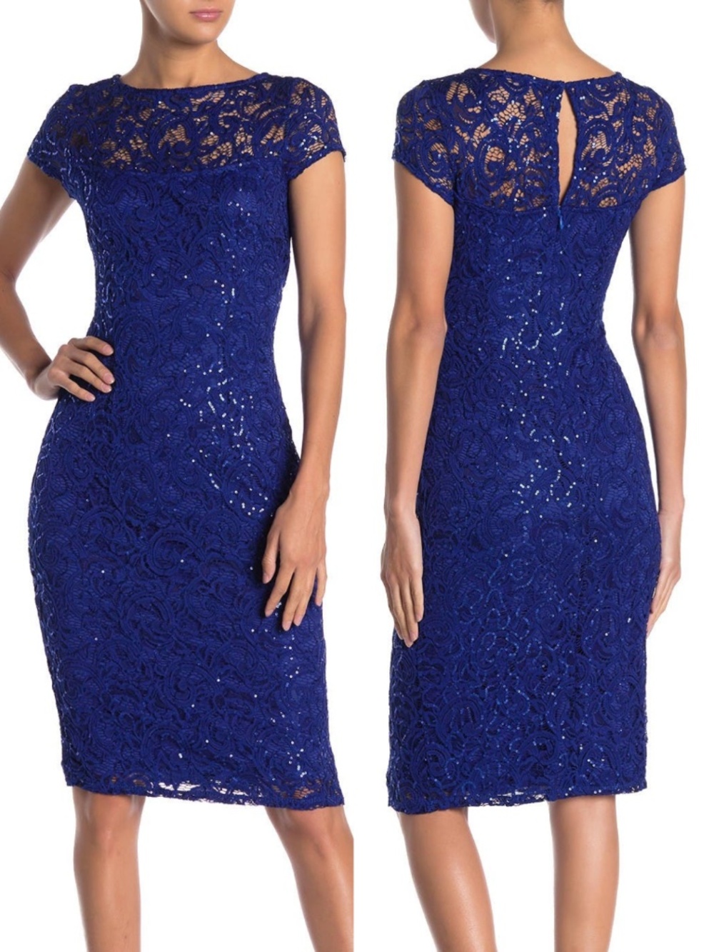 NEW Marina Sequin Lace Sheath Dress Cobalt 12